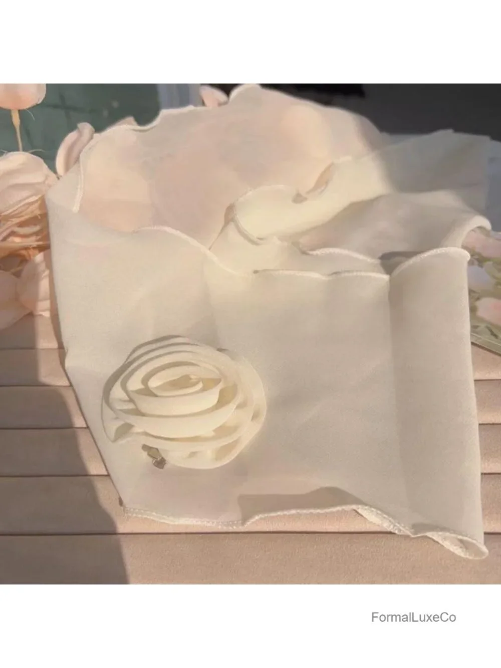 Chiffon Scarves for Women with Detachable Rose Flower Hair Ribbon Neck Kerchief